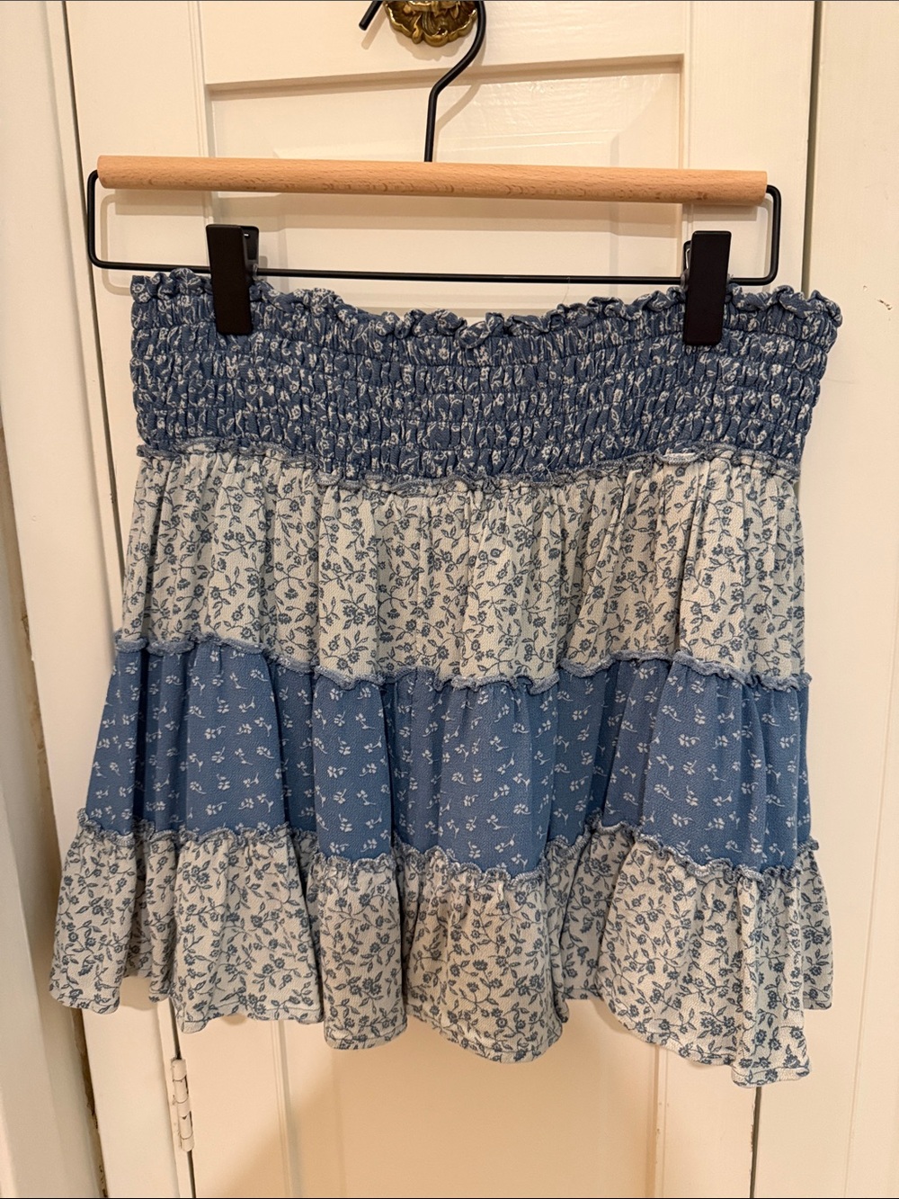 American Eagle Outfitters Blue and Cream Floral Tiered Smocked Mini Skirt